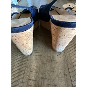 Stuart Weitzman Navy‎ Suede Peep-Toe Cork Wedge Slingback Sandals - Size 9b thumbnail 5