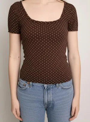 Womens T-shirt Size Small Brown White Polka Dots Casual Chic Short‎ Sleeve thumbnail 1