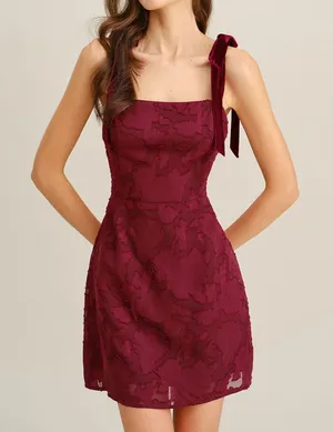 Rihoas Wine Red Floral Tie Strap Mini Dress thumbnail 1