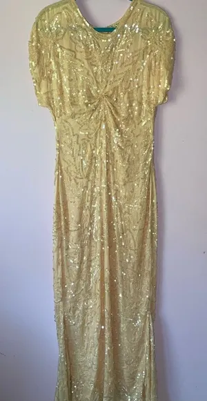 Vintage Size M Pastel Peach Silk Sequin Ball Gown Formal Dress Modest Hoco Prom thumbnail 1
