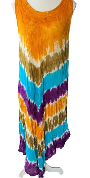 Boho Tie Dye‎ Handkerchief Hem Maxi Dress Sleeveless Orange Purple Turquoise L thumbnail 1