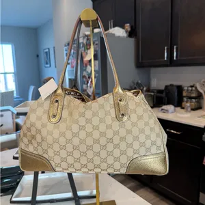 Gucci Beige GG Canvas Shoulder Bag with Gold Metallic Trim thumbnail 2