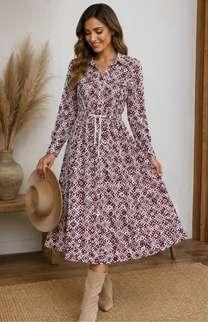 Womens Geometric Diamond Print Long Sleeve Button Down Midi Shirt Dress Burgundy thumbnail 1