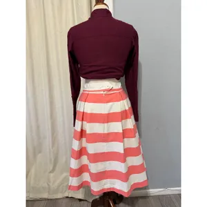 100% Cotton Womens Midi Skirt Size M Pink White Striped Pleated‎ Mod Nautical thumbnail 6