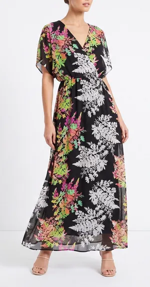 Lane Bryant Maxi Dress Womens 18/20 Floral Faux Wrap Black Chiffon Excellent thumbnail 1