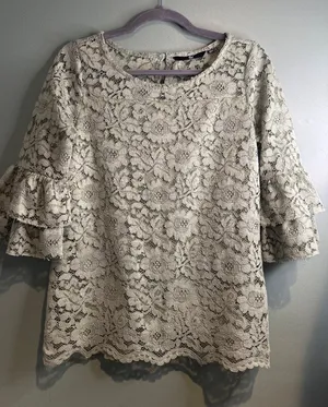 FIGS Sage Green Lace Bell Sleeve Blouse Cottagecore Boho Romantic Sheer Size M thumbnail 1