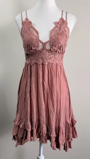 Free People FP One Adella Mini Dress Rose Pink Lace Boho Ruffle Smocked Medium thumbnail 1