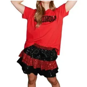 Fantastic Fawn Sequin‎ Tiered Mini Skirt Shorts Red Black Game Day Football NWT thumbnail 12