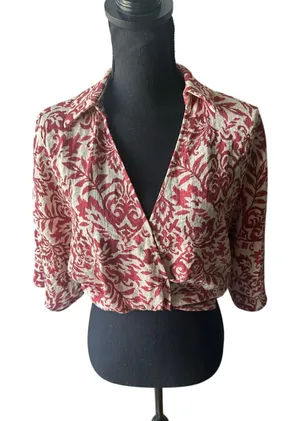 Zara Red White Damask Bolero Blouse S Twist Front Cropped Botanical Print thumbnail 1