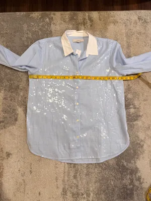 NWT LOFT Light Blue Sequin Button-Up Blouse with White Accents thumbnail 5