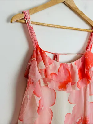 NWT ASOS Chiffon Bold Floral Romantic Ruffle Midi Dress White and Peachy Pink 6 thumbnail 3