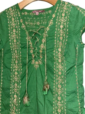 Calypso St. Barth XS Green Gold Embroidered Cotton Lace Up Tassel Tunic Dress thumbnail 4