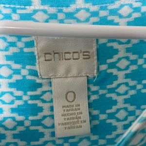 NWOT Chico’s women’s blue white dyed pattern tie 3/4‎ sleeve stretch top small thumbnail 3