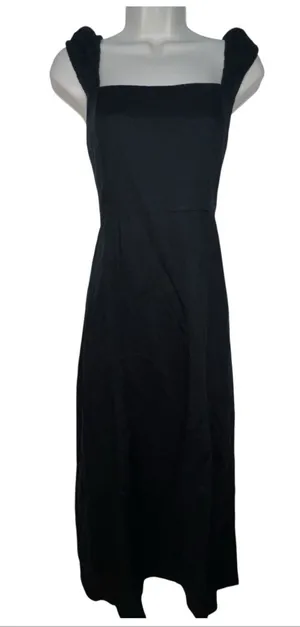 Zara Black Sleeveless Midi Dress Womens Size Small Linen Blend‎ Tie Back Goth thumbnail 1
