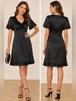 Phoebe Couture Blk Satin Tie Neck Cocktail Dress Flutter Sleeve Ruffle Hem Size8 thumbnail 2