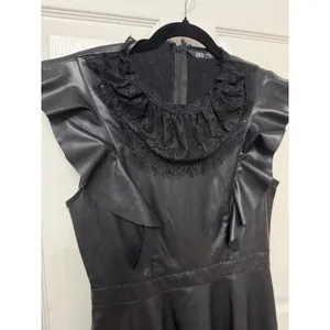 Zara Black‎ Faux Leather Lace Trim Ruffle Midi Dress Sleeveless Small thumbnail 3