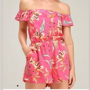 Lulus After Sunset Magenta Pink Floral Off the Shoulder Romper‎ SMALL thumbnail 3