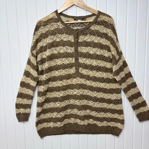 Peruvian Connection Vintage‎ Crochet knit Brown and Cream Striped Sweater Size L thumbnail 1
