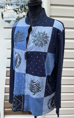 Essentials Navy and Light Blue Patchwork Embellished Zip Jacket Size 1X thumbnail 1