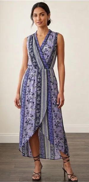 Anthropologie-Astr the Label Lavender and Navy Floral-Stripe Sleeveless Dress thumbnail 1