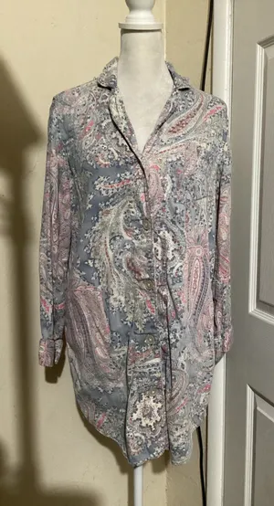 Lauren Ralph Lauren Blue Pink Paisley Cotton Blend Button Front Sleep Shirt S thumbnail 1