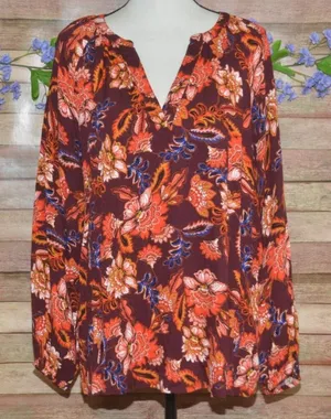 Old Navy Maroon Floral Boho Peasant Top V-neck Long Sleeve Pull Over Size XL thumbnail 1