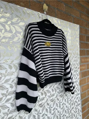 UNIF Logo Striped Oversized Sleeve Crop Sweater Medium Y2K Indie Sleaze thumbnail 5