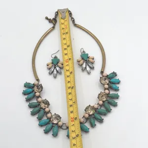 Turquoise Rhinestone Statement Necklace Earrings Set Bib Collar Boho Jewelry thumbnail 7