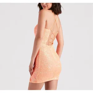 Windsor NWT Dazzle Down Sequin Lace-Up Mini Dress in peach size medium thumbnail 3