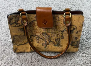 Patricia Nash Vintage Map Print Leather Satchel Handbag Brown Travel Tote thumbnail 1