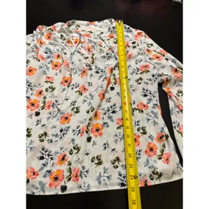 Loft Petites Floral Long Sleeve Tie Neck Blouse Orange Blue White LP thumbnail 3