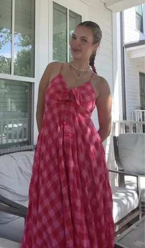 FREE PEOPLE Via Gingham Cotton Seersucker Sundress Red Combo Everly Small NWT thumbnail 1