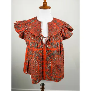 Ulla Johnson Kosta Top Printed V-Neck Blouse Ruffle Flutter Sleeve Orange XS 0 thumbnail 12