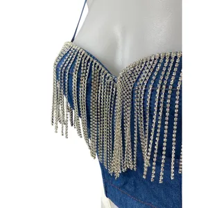 Women's Blue Fringe Rhinestone Corset Bustier Sleeveless Denim Crop Top Size 8 thumbnail 3
