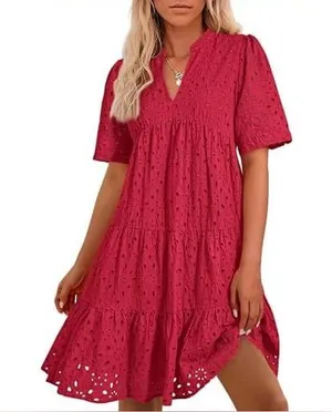 V-Neck Red Eyelet Tiered Mini Dress thumbnail 1