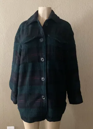 Bershka Women’s XS/S Plaid Oversized Shacket Jacket Teal Black Button Front thumbnail 1