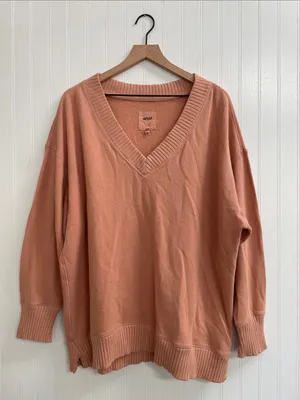 AERIE Relaxed Boyfriend Distressed V-Neck Sweatshirt Burnt Coral Size S thumbnail 2