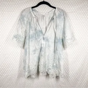 Anthropologie White Blue Tie Dye Floral Embroidered Eyelet Top‎ thumbnail 2