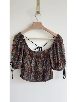 Free People Boho Smock Back On Top Multicolor Floral Puff Sleeve Crop Top Sz S thumbnail 4