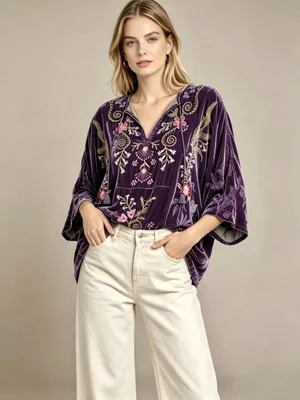 NWOT Johnny Was Silk Blend Velvet Floral Embroidered Tunic Blouse Purple Size XL thumbnail 2