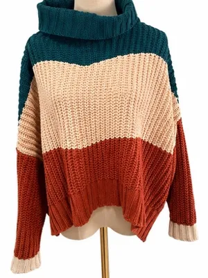 POL Oversized Chunky Knit Color Block Turtleneck Sweater Teal Cream Rust Medium thumbnail 1