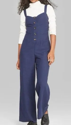 Wild fable navy blue button front tie back wide leg jumpsuit romper NWT thumbnail 1
