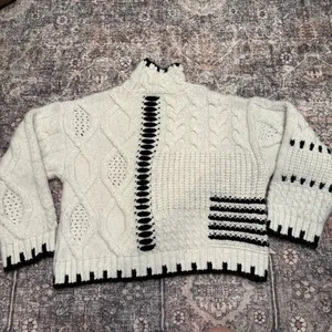 Zara Chunky Cable Knit Sweater | Black & Ivory Graphic | Mock Neck | Oversized S thumbnail 3