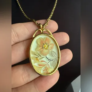 Vintage floral round cameo long gold chain necklace thumbnail 1