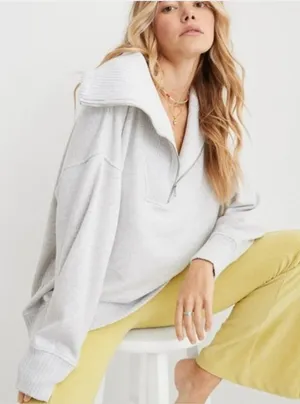 Aerie Down to Earth 1/4 Zip Sweatshirt Women's XS Gray Oversized Pullover thumbnail 1