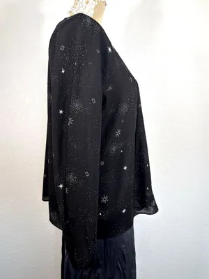 Women Blouse Large Black Celestial Star Print Sheer Whimsigoth Witchy Top thumbnail 7
