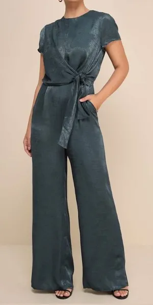 Lulus Let Me Entertain You Dark Green Satin Wide-Leg Jumpsuit thumbnail 1