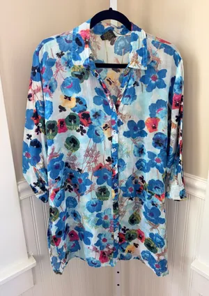 Jackpot Missy Floral Cotton Gauze Button Down Tunic Shirt Blue Size Large (est) thumbnail 1