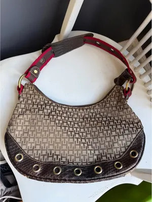 Tommy Hilfiger Brown & Beige Monogram Shoulder Bag with Red Strap thumbnail 4