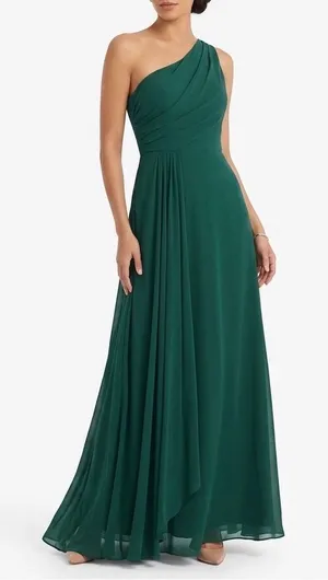 Maxi Bridesmaid Dress Womens Sage Green Pleated One Shoulder Front Slit thumbnail 1